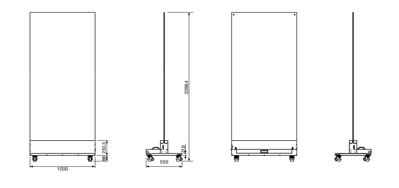 Kiosk dimension diagram: front, side, rear, and top views with measurements