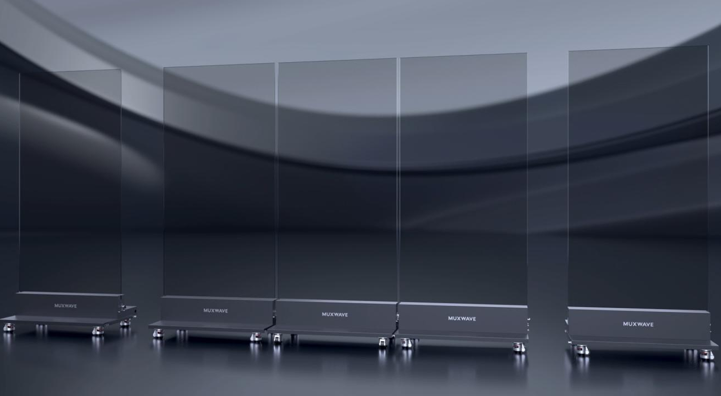 Five transparent LED kiosks lined up in a row
