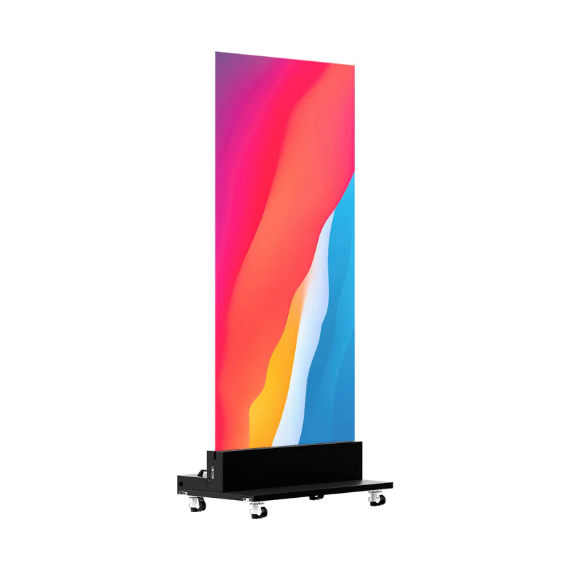Transparent LED kiosk at three-quarter angle