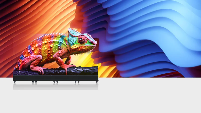A chameleon rendered on the transparent kiosk, appearing to stand in open air