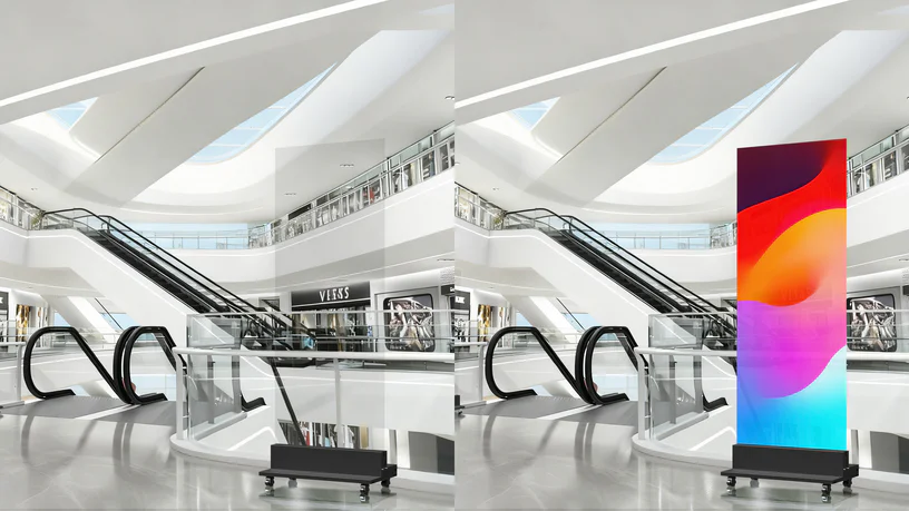 The same mall atrium with the kiosk powered off and powered on