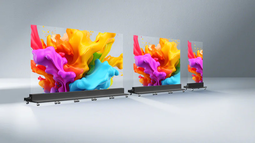Transparent LED kiosk configurations of increasing width side by side