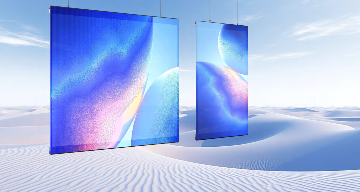 Large transparent screens suspended in an open space