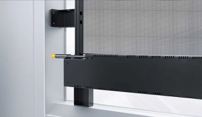 Cabinet mounting detail on the curtain-wall framework
