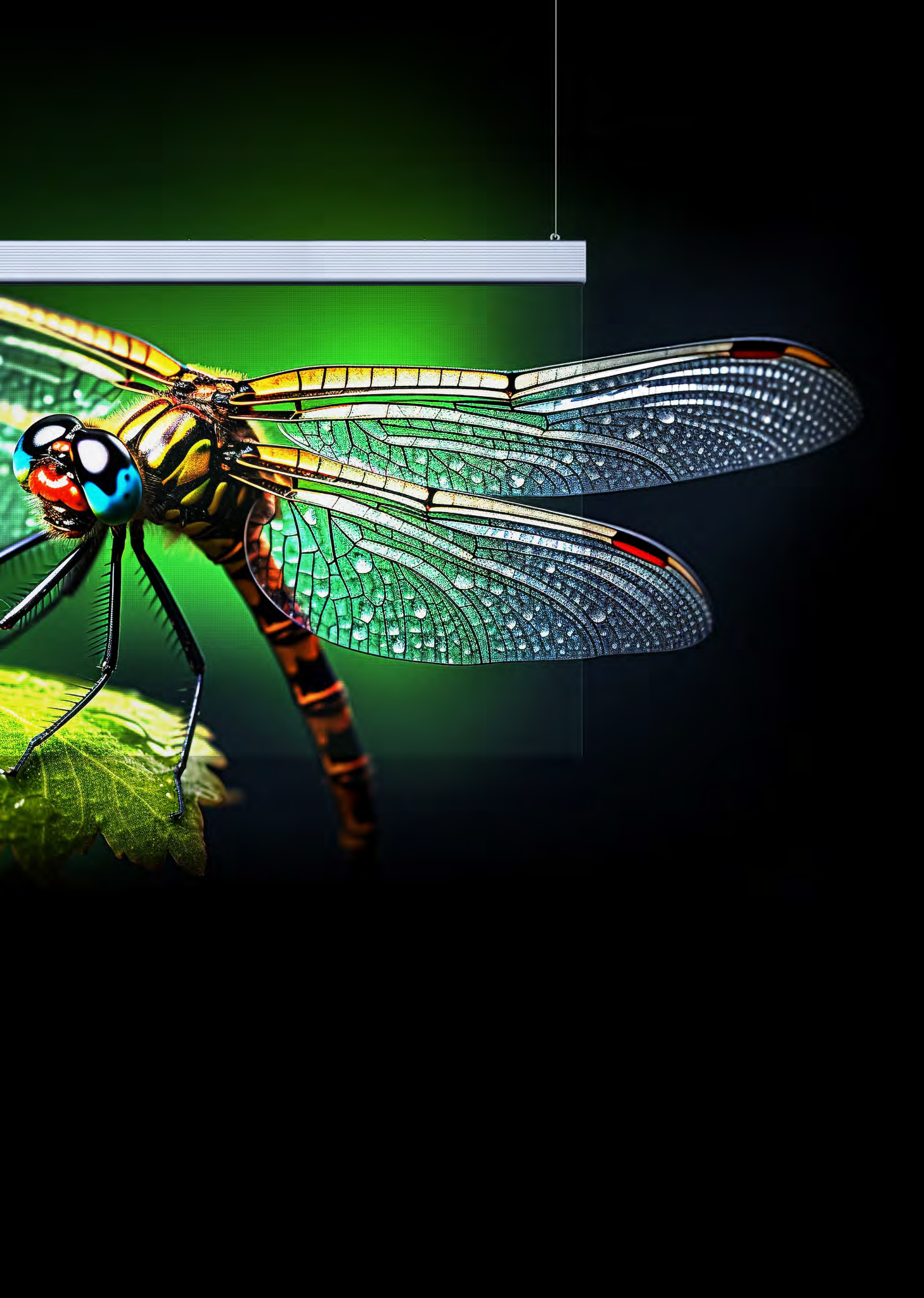 Transparent LED screen showing a dragonfly, the space behind the screen still visible